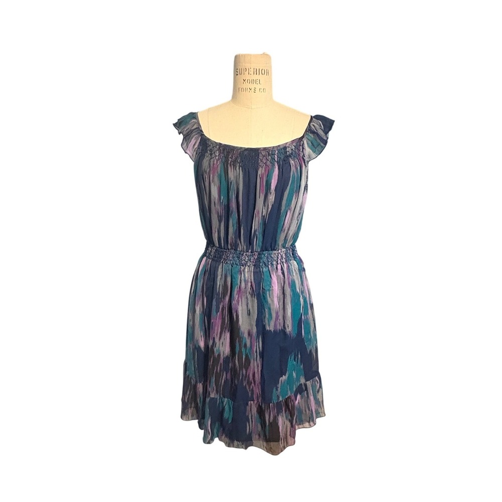 Old Navy Women Blue Purple Abstract Print Smocked Flutter‎ Sleeve Dress Med
